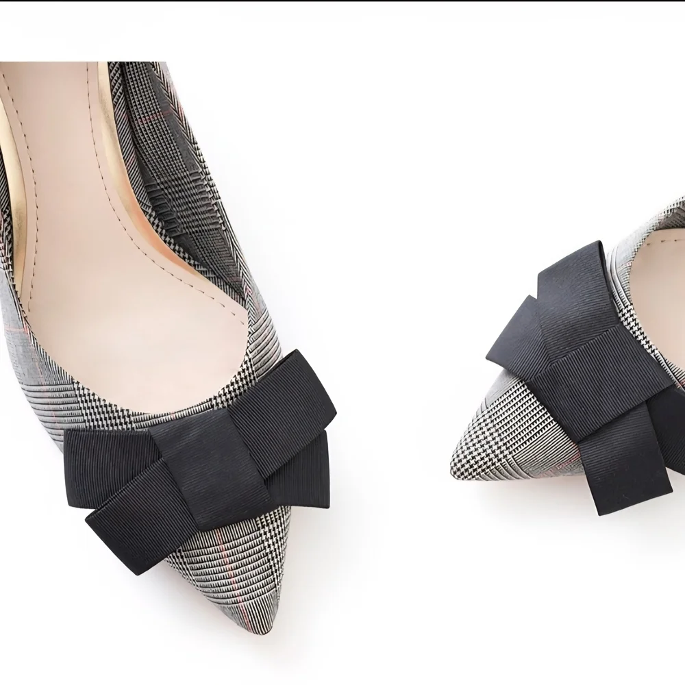Zara Women’s Black Gray Plaid Bow Mini Heels EU 36 Pumps Office Career Shoes - Picture 4 of 16